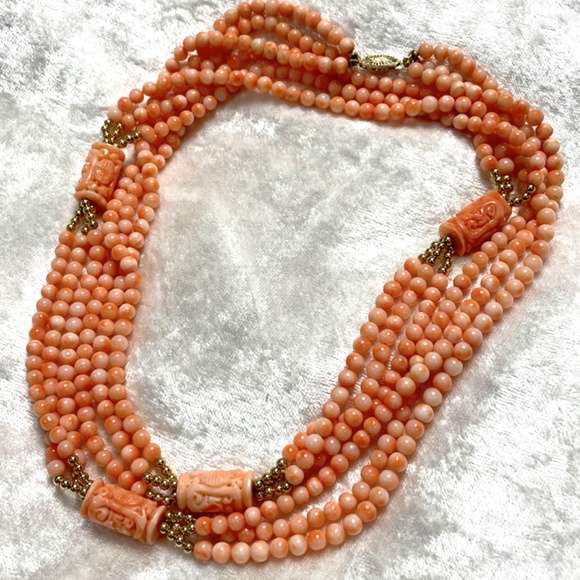 Vintage Angel Skin Coral 14K Gold Carved Shou Bead Triple Strand Necklace - Picture 2 of 12